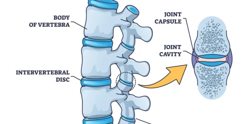 Illustration of spinal facet joints, vertebra, and intervertebral discs.