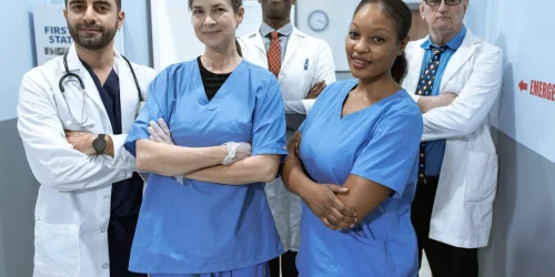 Four diverse medical professionals posing confidently in an emergency room.