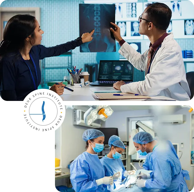 Doctors at DeukSpine examine an X-ray and perform surgery in separate scenes.