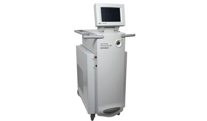 Medical equipment cart with a screen and control panel on wheels.