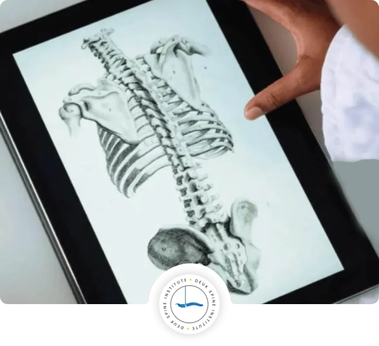 Person interacts with a digital image of a human spine on a tablet.