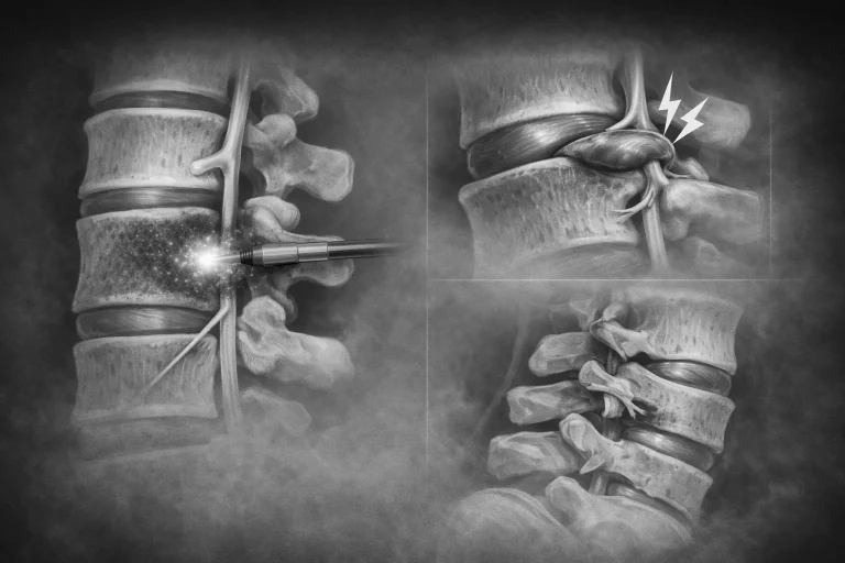 Medical illustration showing spinal procedure with a tool, disc bulge causing nerve pain, and vertebrae alignment.