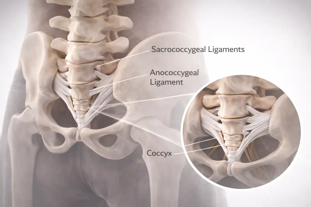 Illustration of sacrococcygeal and anococcygeal ligaments with focus on coccyx.