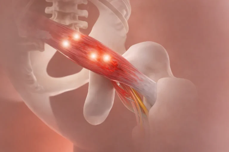 Illustration of a glowing muscle connecting to a hip joint with surrounding nerves.