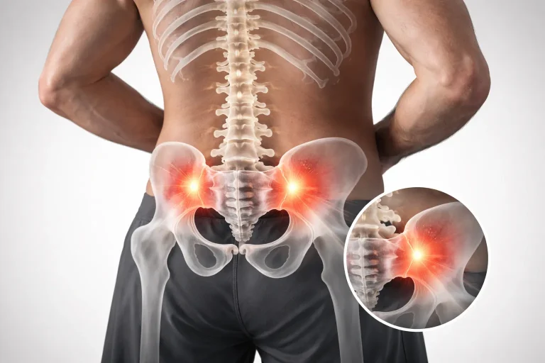 A man's lower back with an X-ray view highlighting hip joints in pain with red flares.