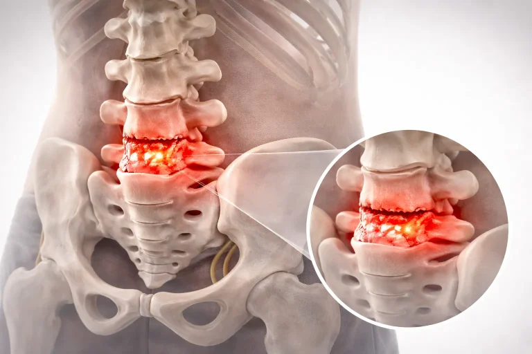 Illustration of a human lower spine with highlighted lumbar disc herniation.