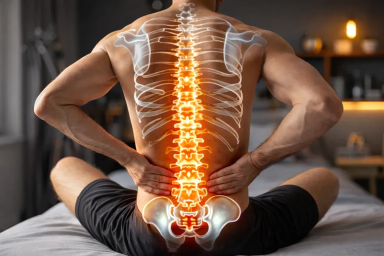 Man sitting with highlighted spine in orange, indicating back pain.