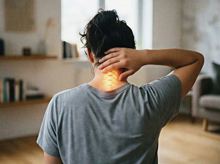 Person holding their neck with highlighted spine pain illustration.