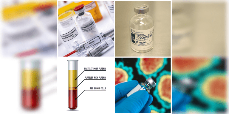 Collage of medical vials, a test tube diagram, and a gloved hand holding a vial.