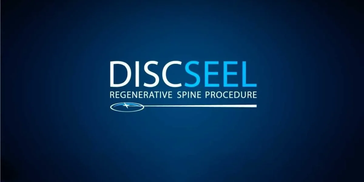 Discseel logo with the text "Regenerative Spine Procedure" on a dark blue background.