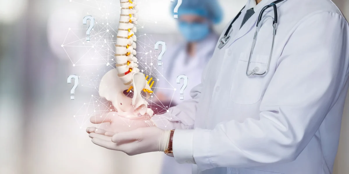Spine surgeon holding spinal skeleton with question marks