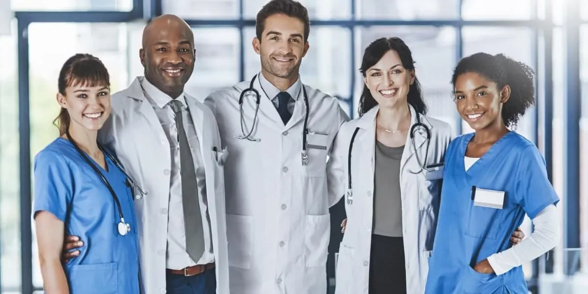 Group of five smiling medical professionals in scrubs and lab coats stand together.