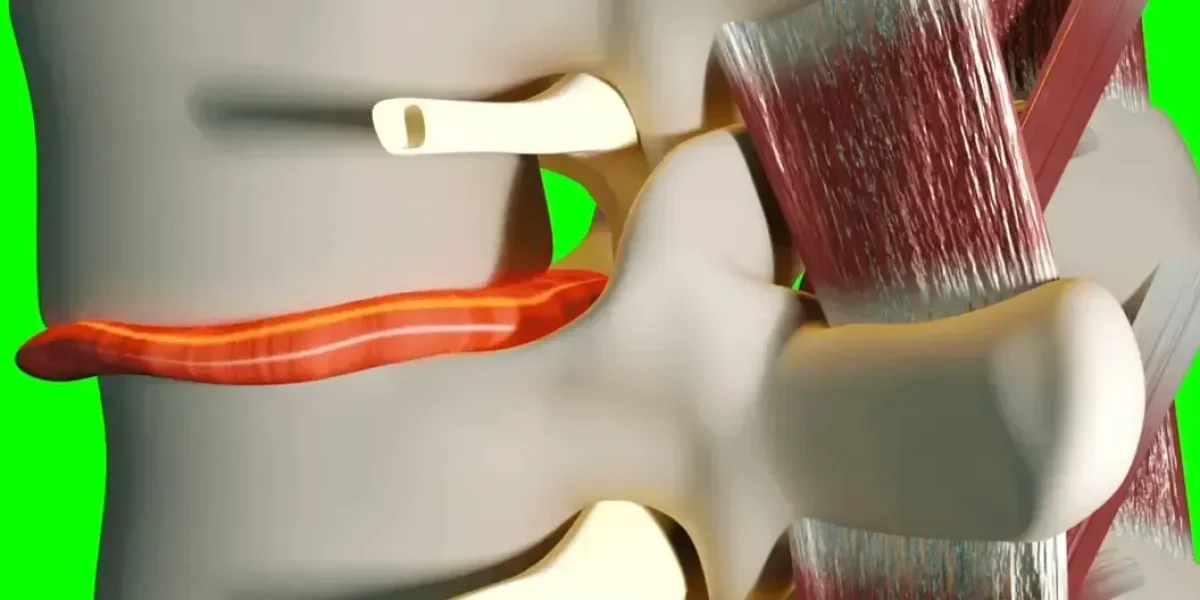 Illustration of a herniated disc showing spinal vertebrae with a protruding disc pressing on a nerve.