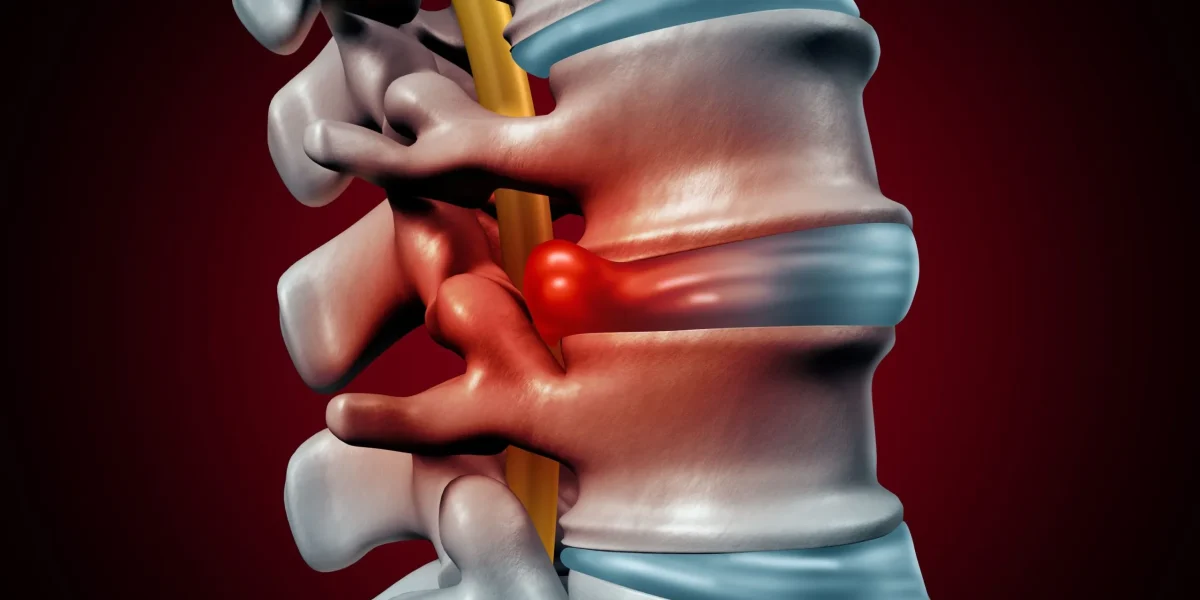An animated model showcasing the foraminal stenosis with deep red highlights.