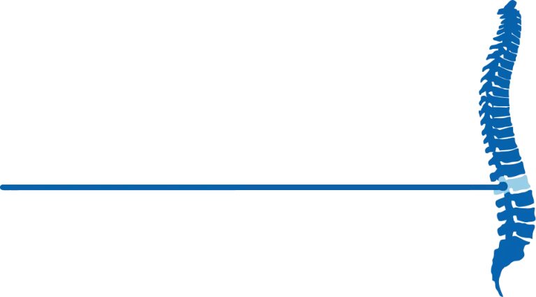 Illustration of a blue human spine with a highlighted vertebra.