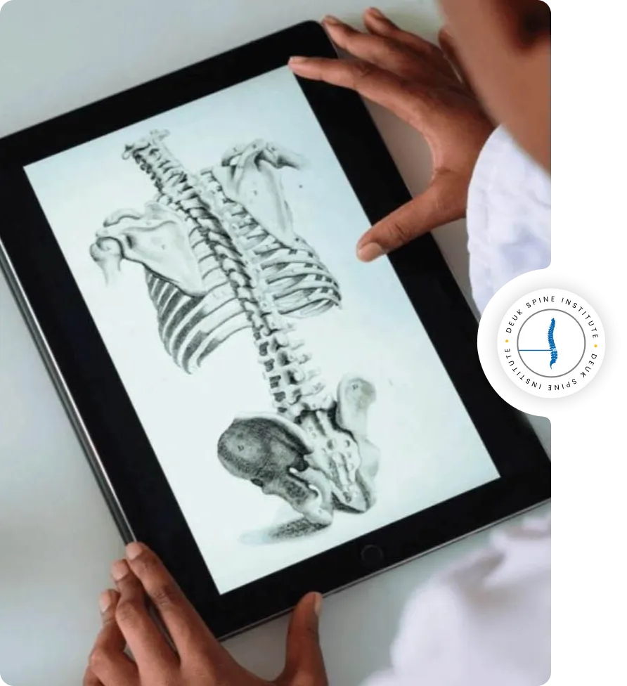 Person viewing a spine and ribcage illustration on a tablet.