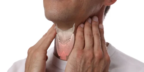 Man touching neck with C5-C6-C7 spinal diagram overlay, illustrating neck surgery recovery.